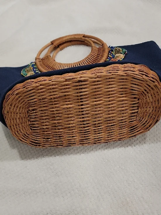 Straw Studios Navy Canvas Tote with Woven Handles and Multicolor Bead Trim - Picture 3 of 11
